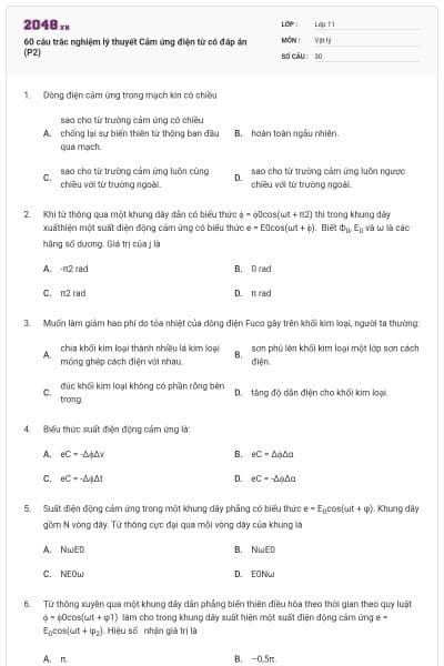 60 câu trắc nghiệm lý thuyết Cảm ứng điện từ có đáp án (P2)