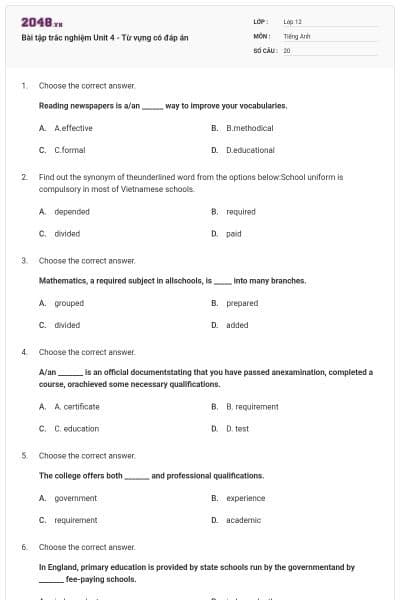 Bài tập trắc nghiệm Unit 4 - Từ vựng có đáp án
