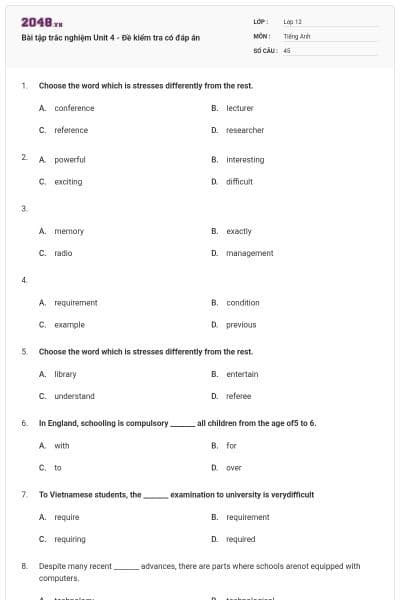 Bài tập trắc nghiệm Unit 4 - Đề kiểm tra có đáp án