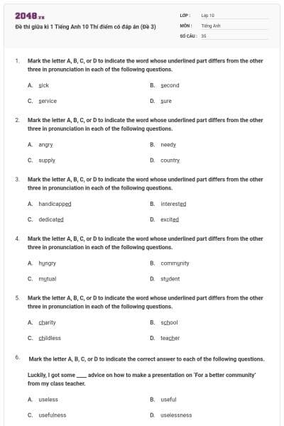 Đề thi giữa kì 1 Tiếng Anh 10 Thí điểm có đáp án (Đề 3)