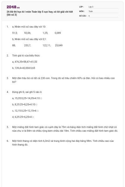26 Đề thi học kì I môn Toán lớp 5 cực hay, có lời giải chi tiết (Đề số 3)