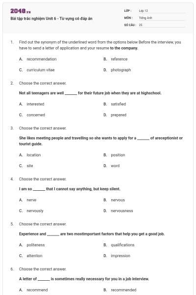 Bài tập trắc nghiệm Unit 6 -  Từ vựng có đáp án
