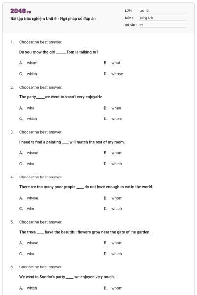 Bài tập trắc nghiệm Unit 6 -  Ngữ pháp có đáp án