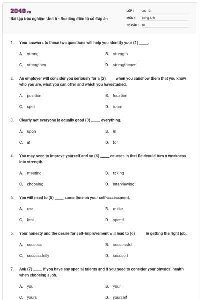Bài tập trắc nghiệm Unit 6 - Reading điền từ có đáp án