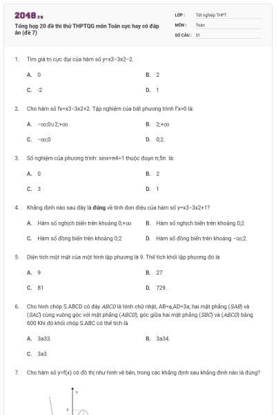 Tổng hợp 20 đề thi thử THPTQG môn Toán cực hay có đáp án (đề 7)