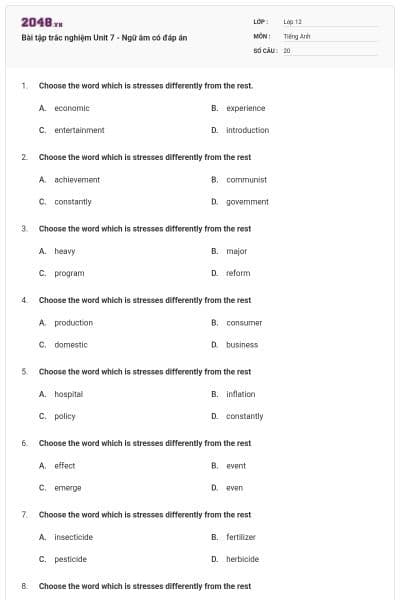 Bài tập trắc nghiệm Unit 7 - Ngữ âm có đáp án