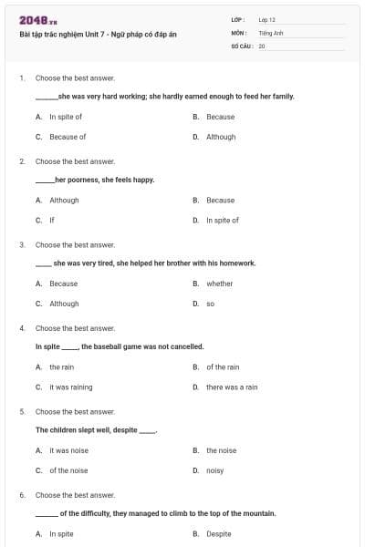 Bài tập trắc nghiệm Unit 7 - Ngữ pháp có đáp án