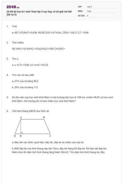 26 Đề thi học kì I môn Toán lớp 5 cực hay, có lời giải chi tiết (Đề số 5)