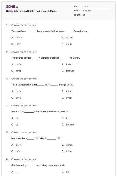 Bài tập trắc nghiệm Unit 8 - Ngữ pháp có đáp án