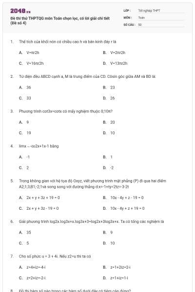 Đề thi thử THPTQG môn Toán chọn lọc, có lời giải chi tiết (Đề số 4)