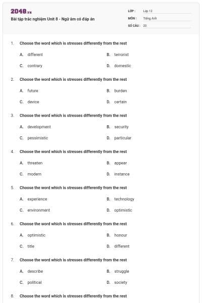 Bài tập trắc nghiệm Unit 8 - Ngữ âm có đáp án