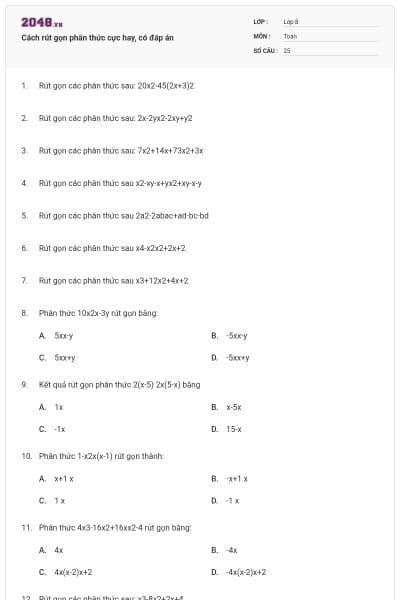 Cách rút gọn phân thức cực hay, có đáp án