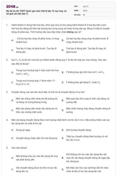 Bộ đề ôn thi THPT Quốc gia môn Vật lý lớp 10 cực hay, có lời giải chi tiết (Đề 7)