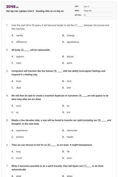 Bài tập trắc nghiệm Unit 8 - Reading điền từ có đáp án
