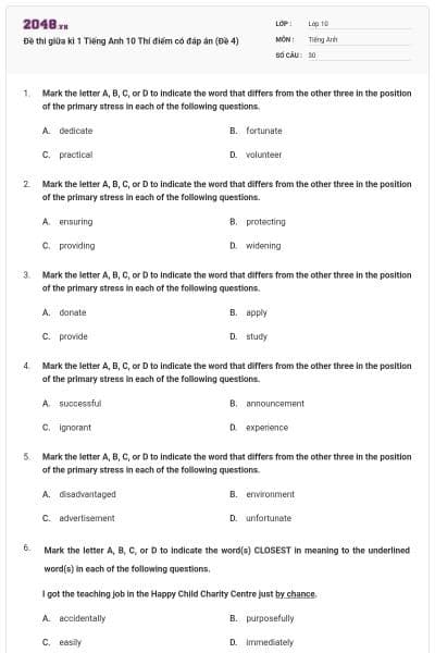 Đề thi giữa kì 1 Tiếng Anh 10 Thí điểm có đáp án (Đề 4)
