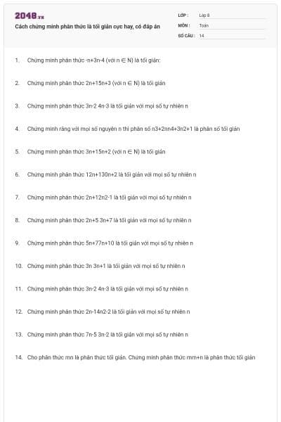 Cách chứng minh phân thức là tối giản cực hay, có đáp án