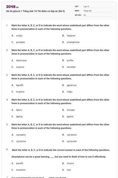 Đề thi giữa kì 1 Tiếng Anh 10 Thí điểm có đáp án (Đề 5)