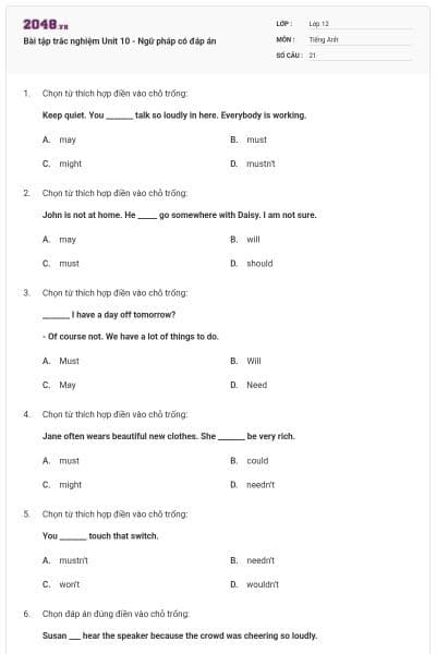 Bài tập trắc nghiệm Unit 10 - Ngữ pháp có đáp án