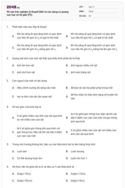 90 câu trắc nghiệm lý thuyết Mắt và các dụng cụ quang cực hay có lời giải (P2)
