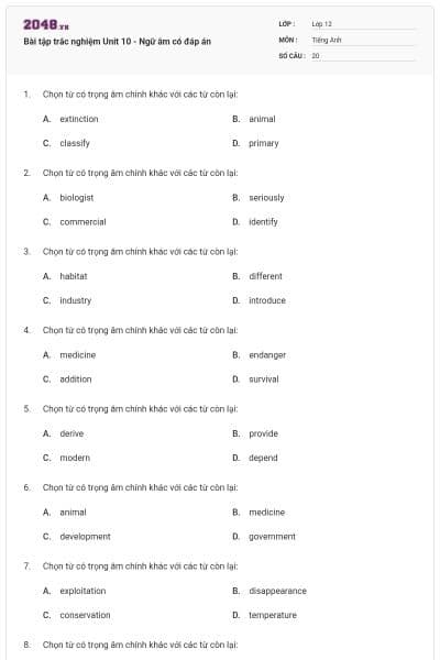 Bài tập trắc nghiệm Unit 10 - Ngữ âm có đáp án