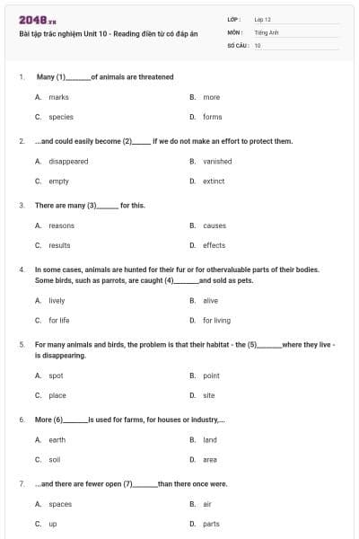 Bài tập trắc nghiệm Unit 10 - Reading điền từ có đáp án