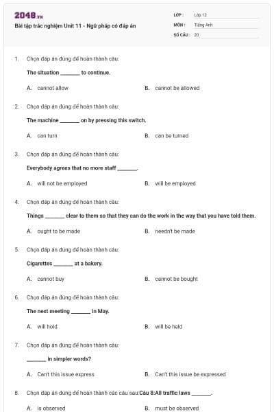 Bài tập trắc nghiệm Unit 11 - Ngữ pháp có đáp án