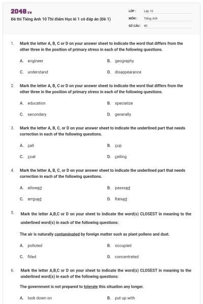 Đề thi Tiếng Anh 10 Thí điểm Học kì 1 có đáp án (Đề 1)