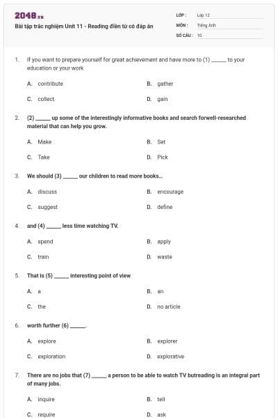 Bài tập trắc nghiệm Unit 11 - Reading điền từ có đáp án