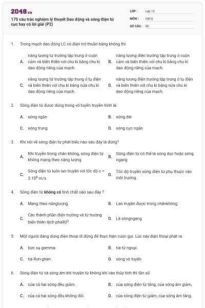 175 câu trắc nghiệm lý thuyết Dao động và sóng điện từ cực hay có lời giải (P2)