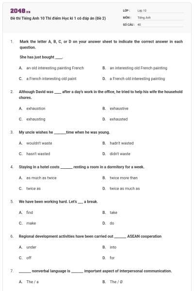 Đề thi Tiếng Anh 10 Thí điểm Học kì 1 có đáp án (Đề 2)