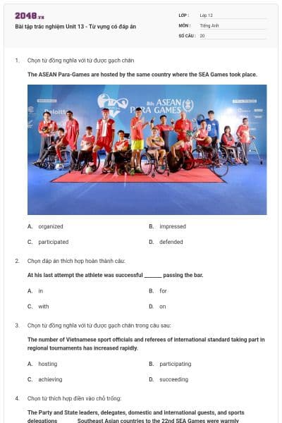 Bài tập trác nghiệm Unit 13 - Từ vựng có đáp án