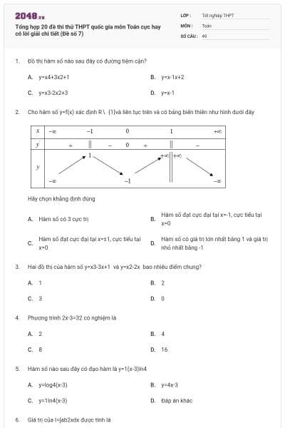 Tổng hợp 20 đề thi thử THPT quốc gia môn Toán cực hay có lời giải chi tiết (Đề số 7)