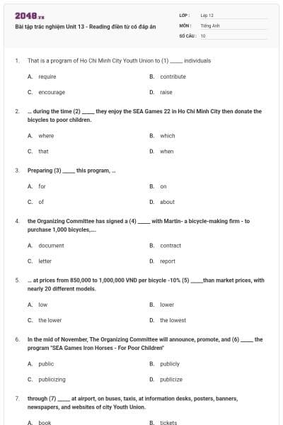 Bài tập trác nghiệm Unit 13 - Reading điền từ có đáp án