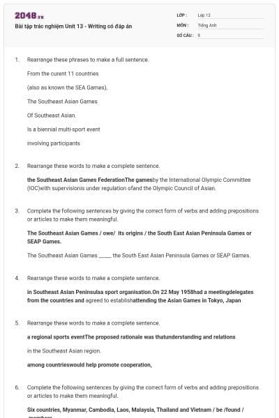 Bài tập trác nghiệm Unit 13 - Writing có đáp án