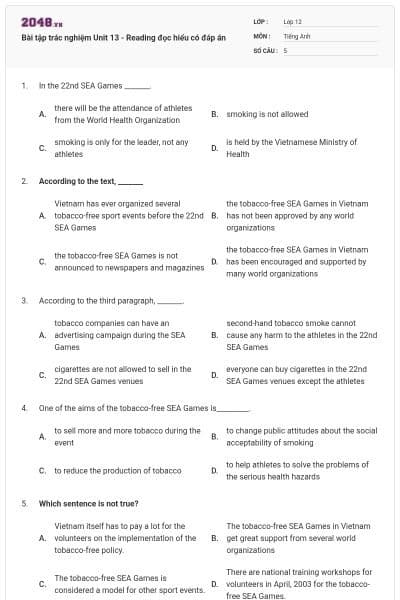 Bài tập trác nghiệm Unit 13 - Reading đọc hiểu có đáp án