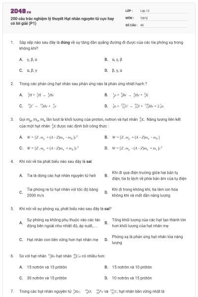 200 câu trắc nghiệm lý thuyết Hạt nhân nguyên tử cực hay có lời giải (P1)