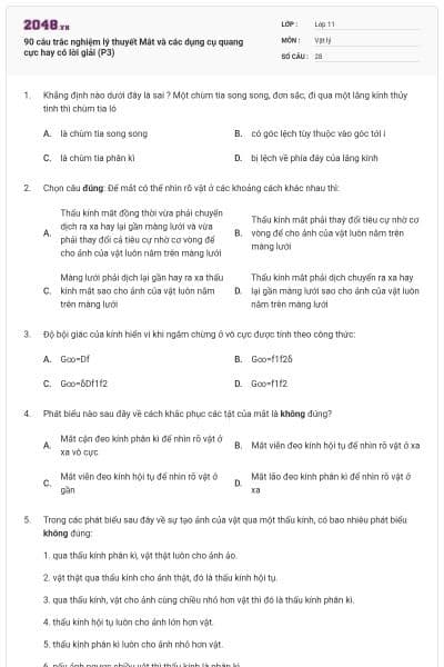 90 câu trắc nghiệm lý thuyết Mắt và các dụng cụ quang cực hay có lời giải (P3)