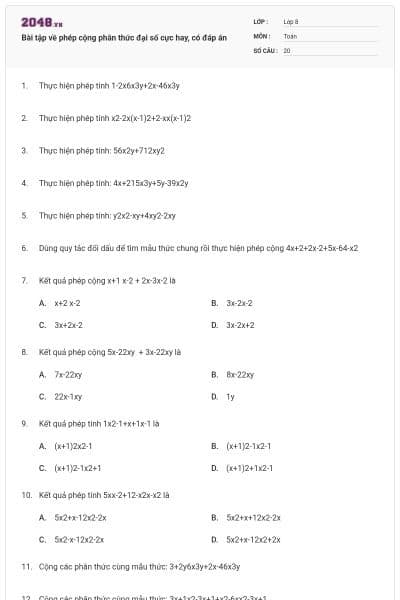 Bài tập về phép cộng phân thức đại số cực hay, có đáp án