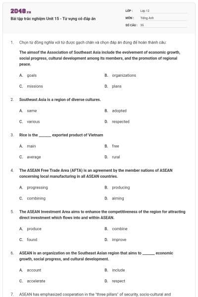 Bài tập trắc nghiệm Unit 15 - Từ vựng có đáp án