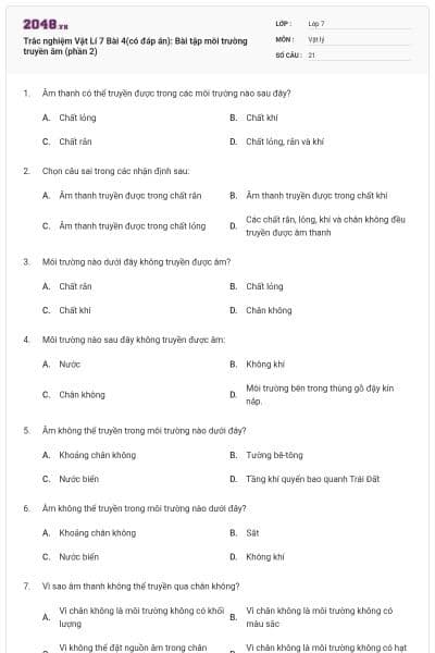 Trắc nghiệm Vật Lí 7 Bài 4(có đáp án): Bài tập môi trường truyền âm (phần 2)