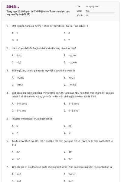 Tổng hợp 25 đề luyện thi THPTQG môn Toán chọn lọc, cực hay có đáp án (đề 12)
