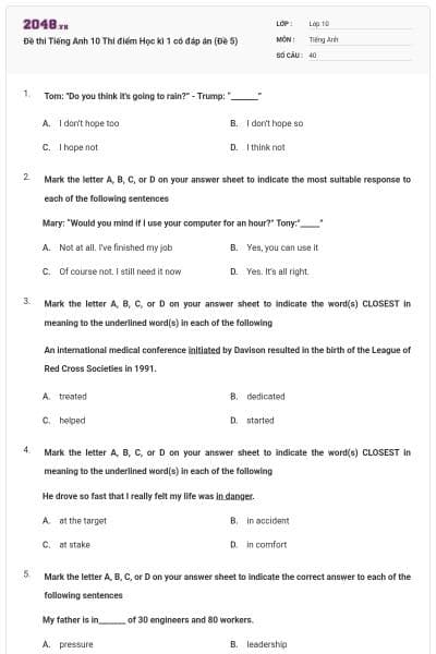 Đề thi Tiếng Anh 10 Thí điểm Học kì 1 có đáp án (Đề 5)