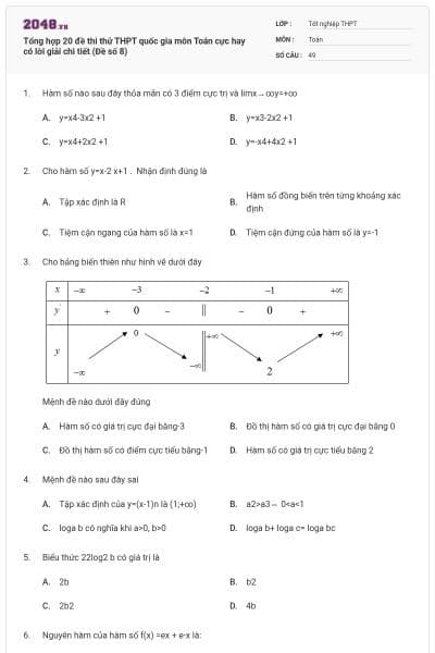 Tổng hợp 20 đề thi thử THPT quốc gia môn Toán cực hay có lời giải chi tiết (Đề số 8)
