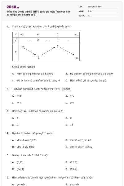 Tổng hợp 20 đề thi thử THPT quốc gia môn Toán cực hay có lời giải chi tiết (Đề số 9)