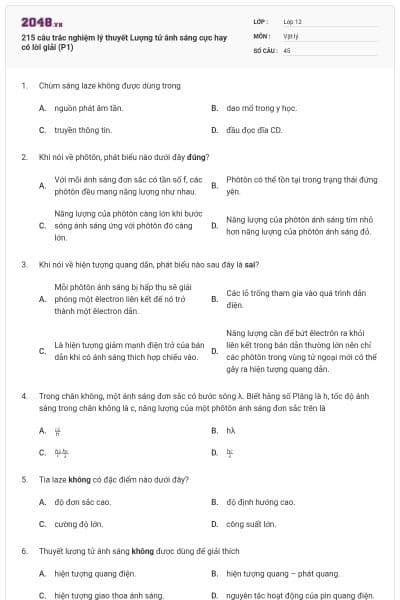215 câu trắc nghiệm lý thuyết Lượng tử ánh sáng cực hay có lời giải (P1)