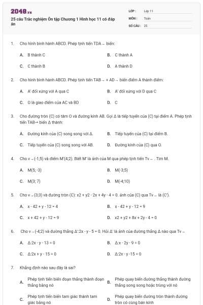 25 câu Trắc nghiệm Ôn tập Chương 1 Hình học 11 có đáp án