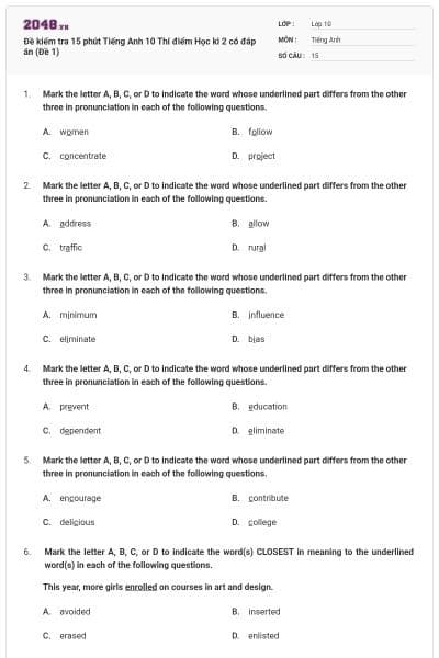 Đề kiểm tra 15 phút Tiếng Anh 10 Thí điểm Học kì 2 có đáp án (Đề 1)