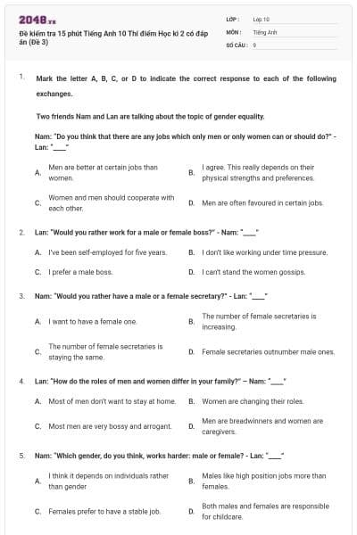 Đề kiểm tra 15 phút Tiếng Anh 10 Thí điểm Học kì 2 có đáp án (Đề 3)