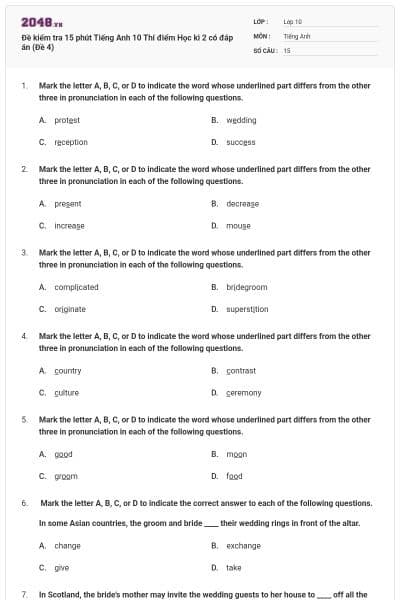 Đề kiểm tra 15 phút Tiếng Anh 10 Thí điểm Học kì 2 có đáp án (Đề 4)