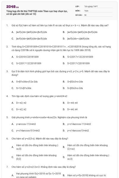 Tổng hợp đề thi thử THPTQG môn Tóan cực hay chọn lọc, có lời giải chi tiết (đề số 13)
